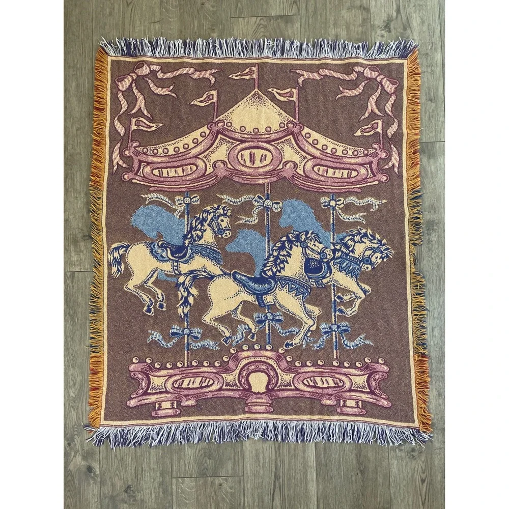 Vintage Woven Carousel Horse Baby Blanket Tapestry Throw Made in Spain 40x49